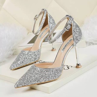 奢華水晶亮片新娘婚鞋時尚尖頭一字扣帶細跟高跟鞋