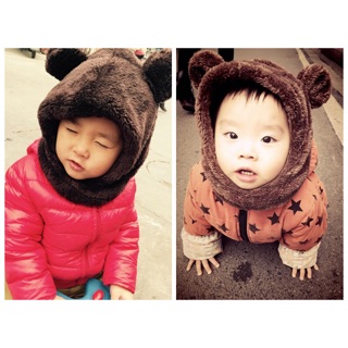 現貨賣場。售完不補。超可愛韓版暖暖過冬男童女童幼兒小熊耳朵帽護耳帽圍脖熊熊毛帽