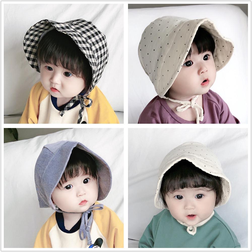 ins韓國兒童嬰兒帽 遮陽帽 男女寶寶春夏秋季帽新生兒純棉布系帶帽