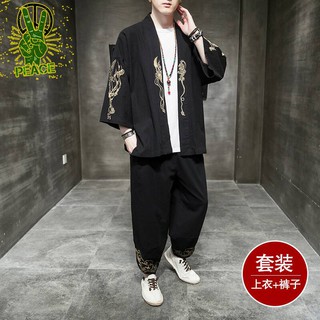 古裝漢服道袍開衫男夏季中國風刺繡亞麻套裝棉麻唐裝仙氣兩件套潮