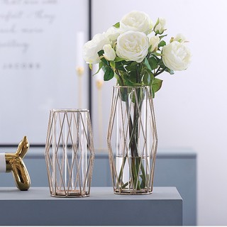 PANDAPARK 北歐金色鐵藝花瓶 桌面擺件 軟裝飾品 創意插花花器 玻璃花瓶 房間裝飾 水培花器 POU052