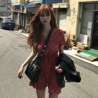 韓國新品 甜美少女氣質碎花 正韓休閒度假短袖洋裝 性感V領收腰繫帶顯瘦短裙