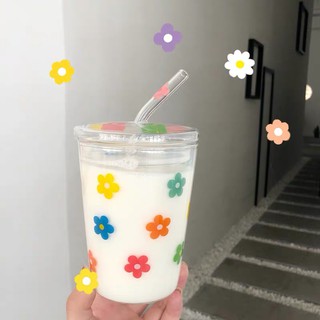 【24h出貨】韓國 🌈 ins 🌈 泫雅風 可愛 小花 玻璃 吸管杯 高硼矽 耐高溫 隨手杯 果汁 早餐牛奶杯