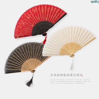 蕾絲舞蹈扇女士古典折扇表演用絹扇日式和風折扇鏤空絲綢禮品扇子。58914