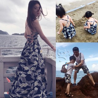 海邊度假必備沙灘裙夏裝全家服韓國父子親子裝母女裝連衣裙