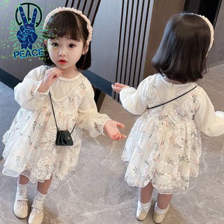 女童蕾絲連衣裙2021春款新品女孩洋氣珍珠公主裙韓系女寶寶網紗裙