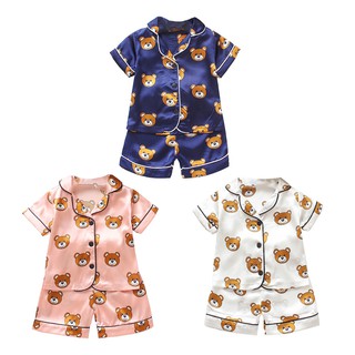 男女寶寶夏季睡衣 卡通綢緞軟料卡通熊兒童短袖套裝居家睡衣 家居服套裝 女童男童童裝