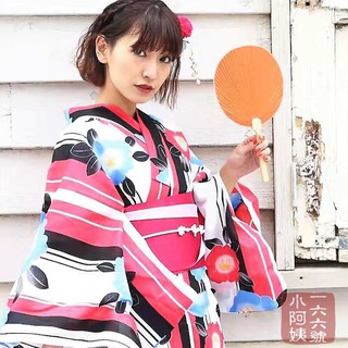 【166號小阿姨】日本傳統浴衣cos女日式和服 春夏薄款 印花純棉 粉色紅色黑色藍色《贈兵兒帶綁帶》。現貨