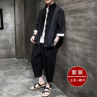 中國風男裝青年唐裝潮中式古裝復古風漢服國風亞麻套裝中山裝潮牌