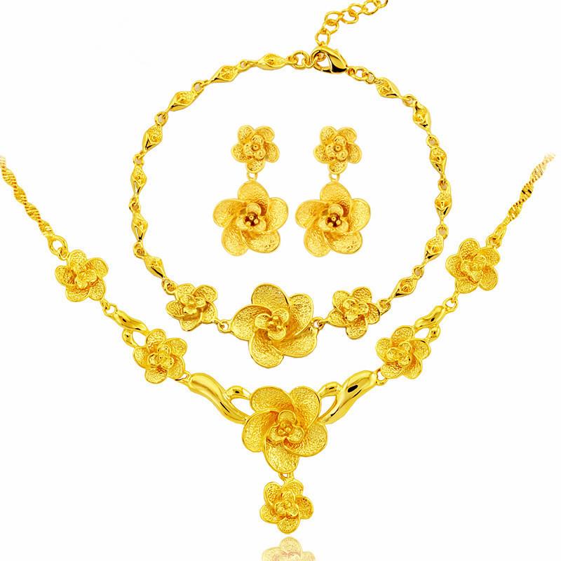 越南沙金復古花朵鍍黃金首飾三件套裝項鍊手鍊耳環女新娘結婚禮物