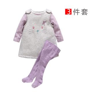 嬰兒服薄棉小貓咪背帶連衣裙長袖哈衣連褲襪3件套裝