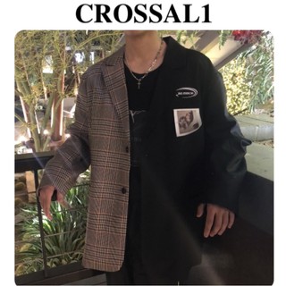 【CROSSAL1】現貨當天出貨🚚韓國🇰🇷西裝 格紋 拼接 寬鬆 落肩 oversize 照片 西裝外套
