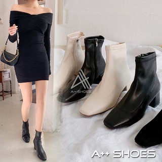 A++ 皮靴 黑/米/奶茶 36-40皮質韓版粗跟短靴 小方頭踝靴 韓國靴 小短靴