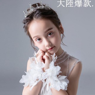 夢幻花朵公主手套女童禮服手腕花花童配飾兒童表演半指蕾絲薄紅。87872