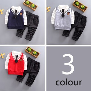 🍓Se7en童嬰堡🍦男女童學院風領帶衛衣+馬甲+條紋長褲三件套裝 (1)