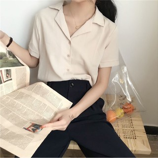 短袖襯衫 上衣 寬鬆襯衫 韓國夏日氣質西裝領雪紡時尚百搭短袖襯衫