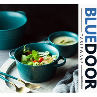 BlueD_ 法式 鄉村風 墨綠 陶瓷 湯碗 雙耳 泡麵碗 大容量 烤碗 宿舍碗 大碗公 牛奶碗 簡約 北歐風 創意設計