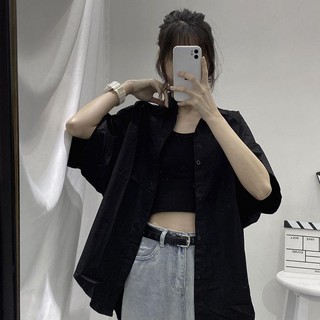 🍓愛麗小屋💋 韓國ins暗黑系純色百搭短袖襯衫2021夏季新款開衫襯衣男女款上衣女士衣著