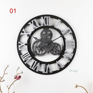 工業風 立體 齒輪 造型 木質 時鐘 大尺寸 羅馬 美式復古鄉村風 靜音 掛鐘 裝飾 40cm公分復古齒輪掛鐘 (1)