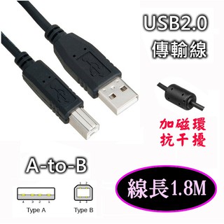 高品質 US-215 高速低阻抗 USB2.0 A 公 對 B 公 傳輸線 銅線+磁環 黑色 1.8米 USB印表機線