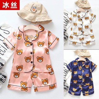 🍓Se7en童嬰堡🍦男童女童夏季 睡衣卡通熊綢緞居家睡衣 (1)