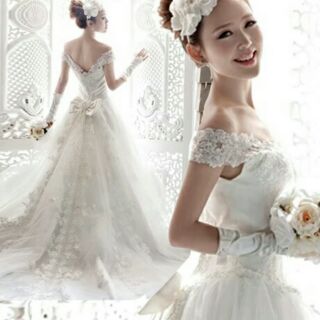 天使佳人婚紗禮服-------韓版v領一字肩拖尾白紗