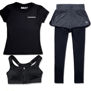 女士运动3件套装瑜伽速干套装短袖T恤运动拉链文胸裤子