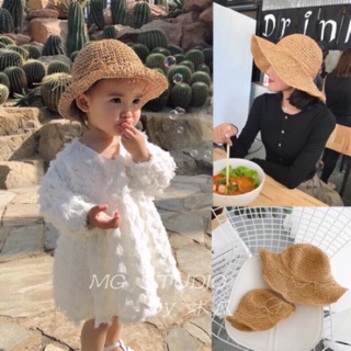 木瓜製品/韓國兒童草沙灘防曬遮陽手工編織親子草帽 兩色