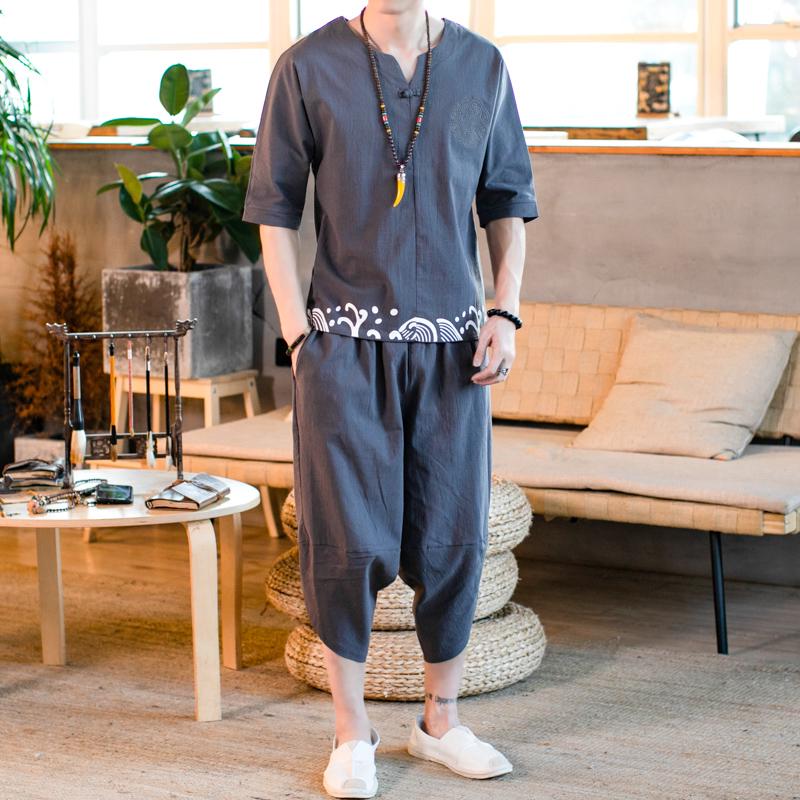中國風亞麻套裝男復古民族風刺繡唐裝兩件套夏季寬松中式改良漢服 (1)