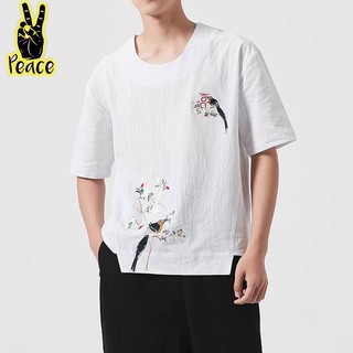 中國風夏季男新款T恤國潮大碼亞麻短袖寬松刺繡個性半袖棉麻上衣