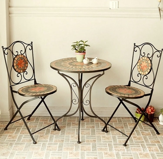 【爆款 工廠~~】美式復古鐵藝馬賽克桌椅庭院陽台咖啡廳休閒桌椅戶外桌椅三件套家具 (1)