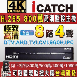 監視器 可取 icatch 4K H.265 800萬 8MP 8路4聲 主機 AHD TVI DVR 台灣製