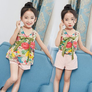 女孩印花無袖嬰兒背心上衣+短褲兩件套韓國童裝 套裝女童童裝