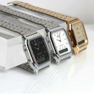 韓國直送 CASIO 方錶 復古錶 原廠公司貨 金色皮帶錶 金色銀色復古電子金屬方錶 雙時區時間顯示 #AQ-230A