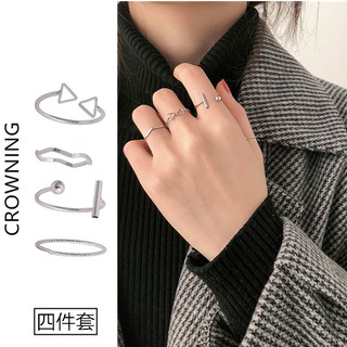 韓國簡約個性四件套戒指女組合套裝三角開口時尚潮人關節細款指環B14