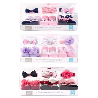 美國Hudson Baby女寶襪子蝴蝶結髮帶6件組嬰兒頭帶新生兒禮盒滿月禮盒彌月禮盒 CP最高