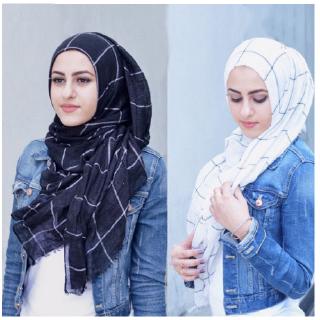 穆斯林頭巾 格子條紋棉麻圍巾 Hijab Muslim Hijab 伊斯蘭教服飾 穆斯林蓋頭 Jilbab MSL087