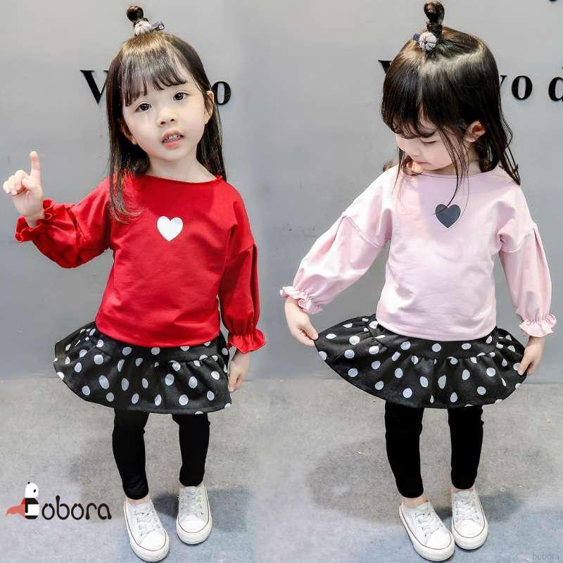 BOBORA 韓版新款女童愛心圓點套裝女寶寶兒童套裝 童裝女童愛心印花T卹+波點褲裙兩件套裝