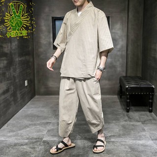 亞麻t恤男短袖套裝夏季薄款改良漢服棉麻條紋兩件套復古潮流唐裝