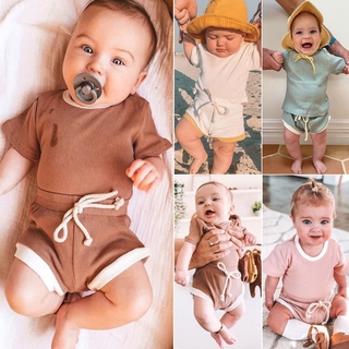 🍓Se7en童嬰堡🍦ins嬰幼兒套裝夏季純色嬰童兩件套純棉套頭衫 童套裝坑條短袖兩件套 百搭套裝 男女寶寶短袖套裝